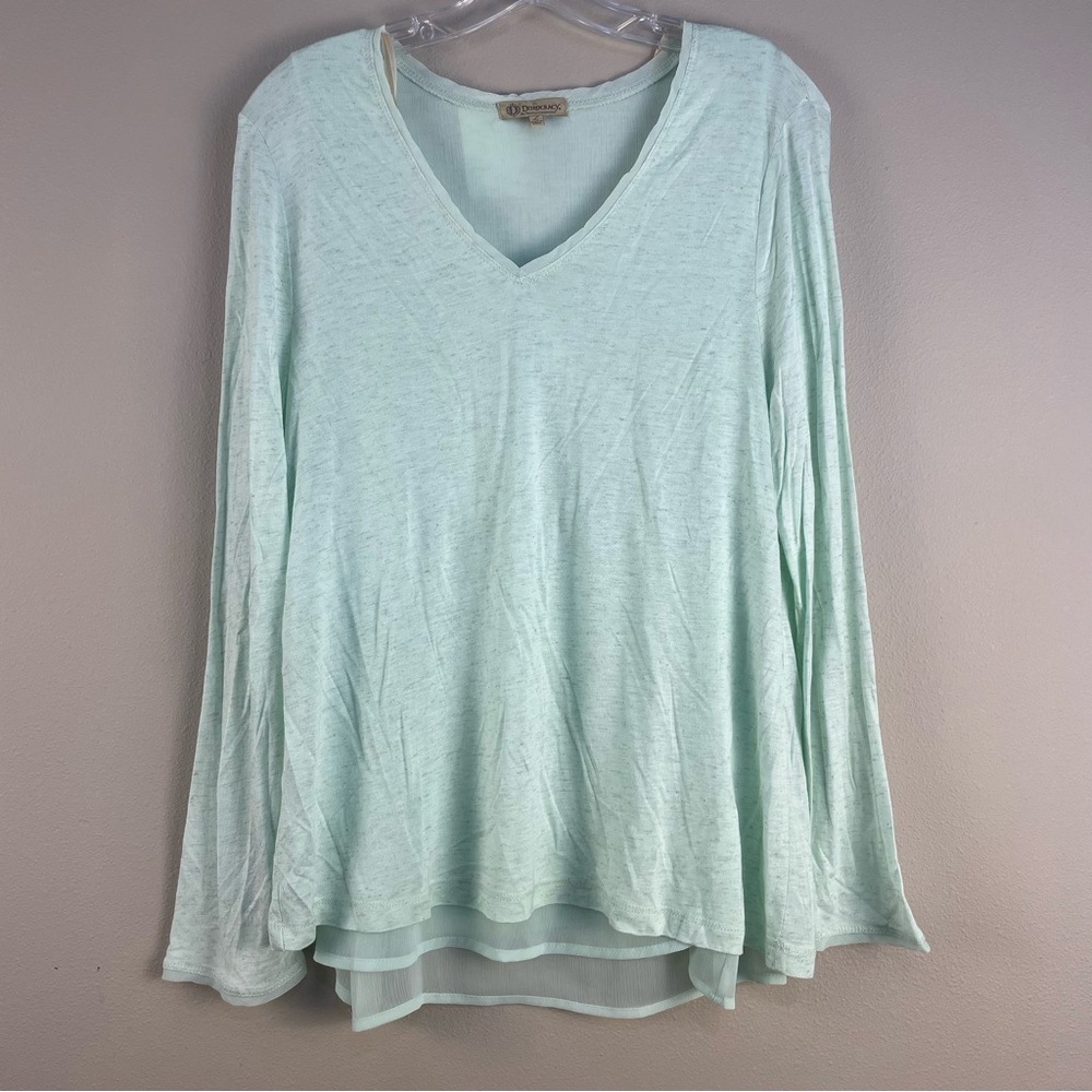 Democracy Long Sleeve Heather Mint Green V-Neck Layered Blouse Shirt Large